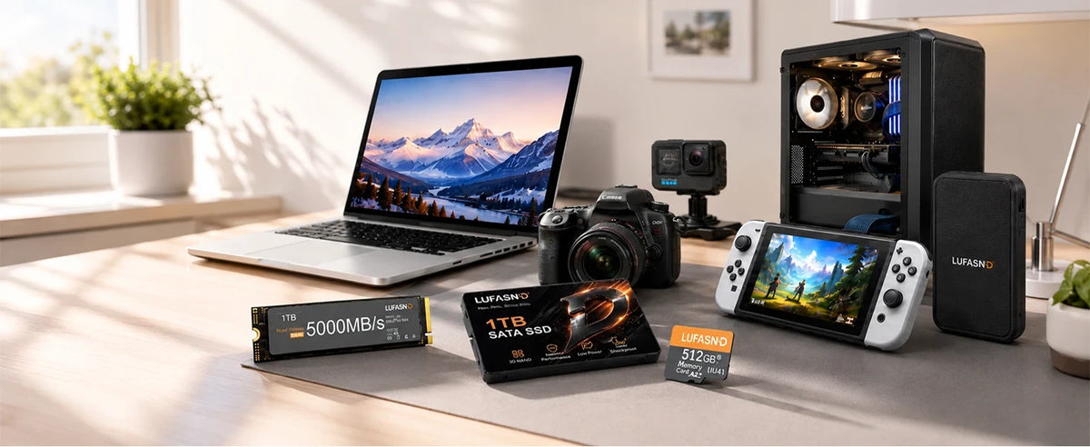 Desktop workspace with computers and LUFASND storage products.