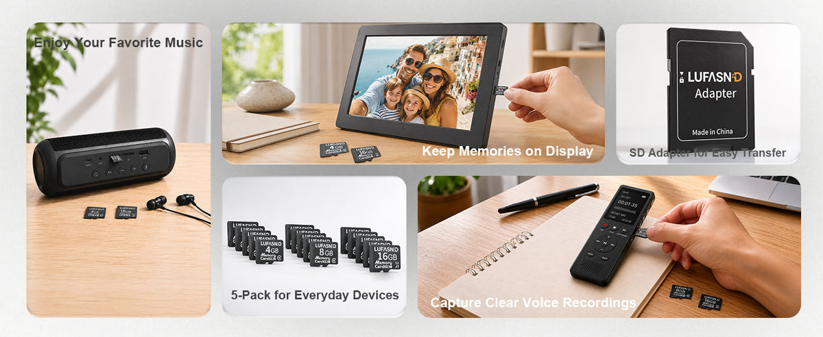 Collage of LUFASND memory cards and everyday device use, including a smartphone and tablet.
