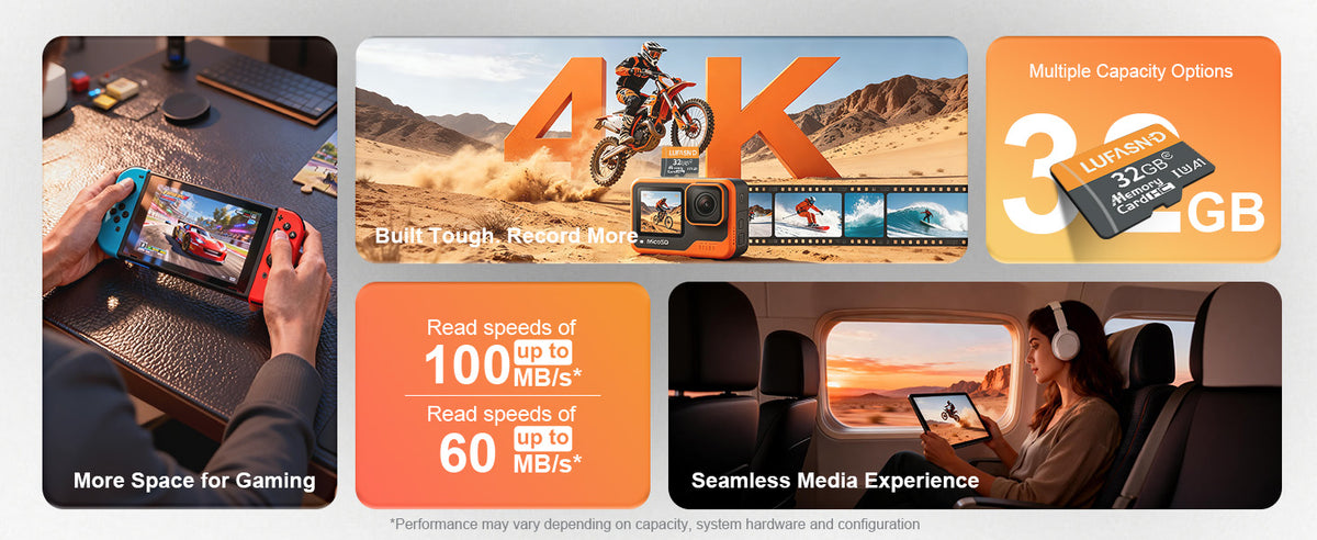 LUFASND TF memory card with everyday photography, video and gaming scenes.