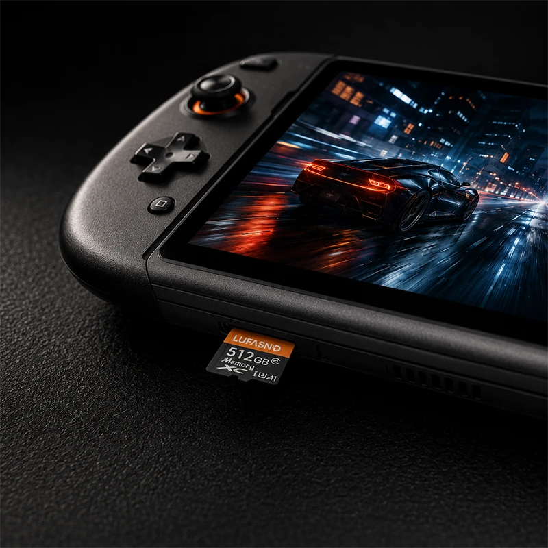 LUFASND microSD card with a handheld gaming device and orange light trails.