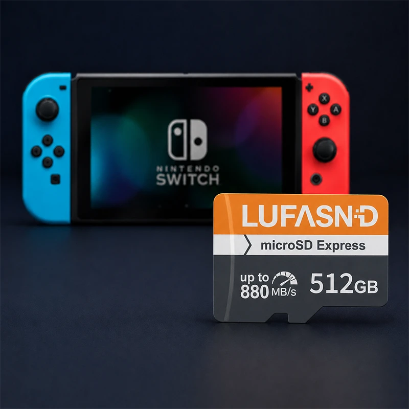 LUFASND 512GB microSD Express memory card displayed in front of a Nintendo Switch with blue and red Joy-Con controllers.