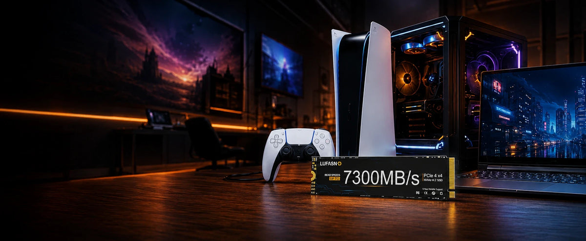 Gaming computer setup with LUFASND SSD storage products.