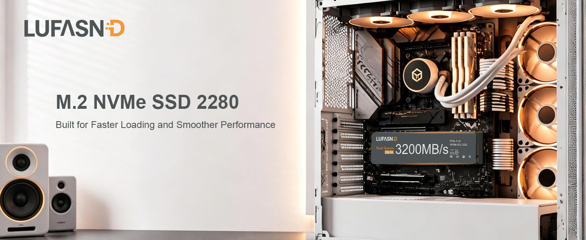 LUFASND M.2 NVMe 2280 SSD installed in a desktop PC with orange cooling fans.