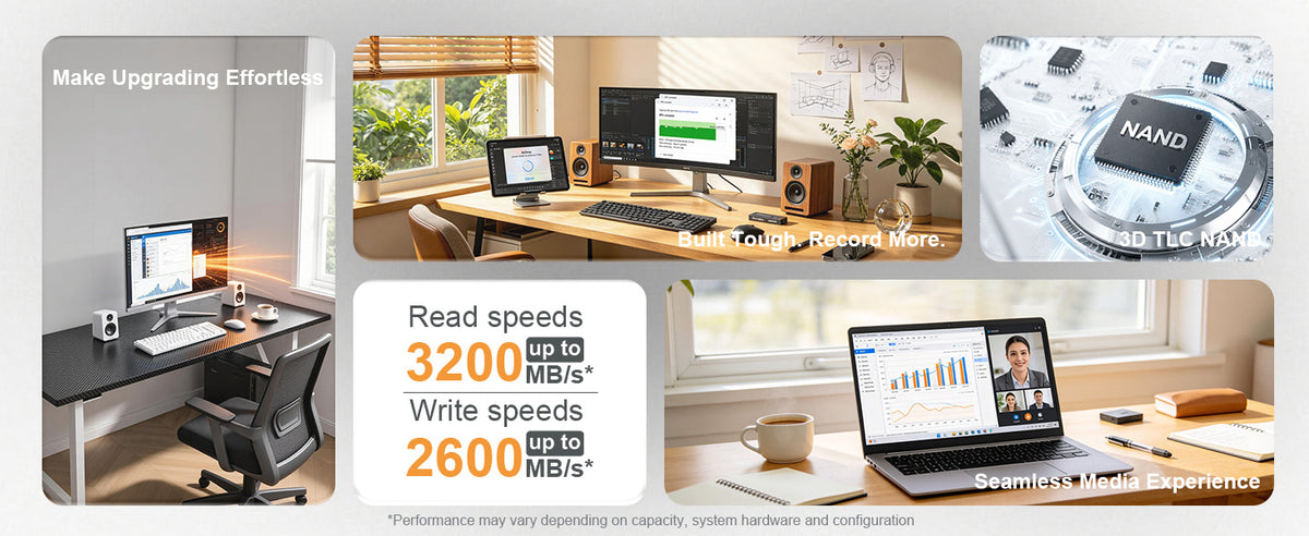 LUFASND 3D TLC NAND SSD for everyday computing, with read speeds up to 3200 MB/s and write speeds up to 2600 MB/s. Performance varies by capacity, system hardware and configuration.