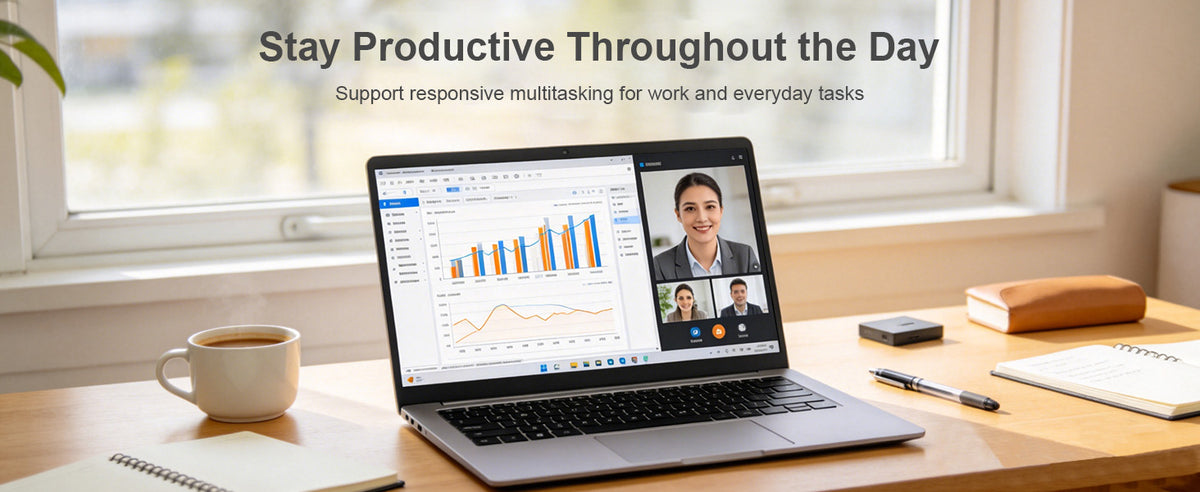Laptop displaying charts and a video call, illustrating everyday multitasking with LUFASND SSD storage.