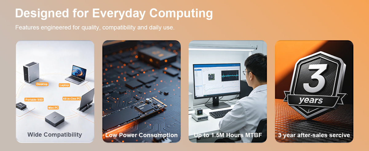 LUFASND SSD features: broad device compatibility, low power consumption, up to 1.5 million hours MTBF and three years of after-sales service.