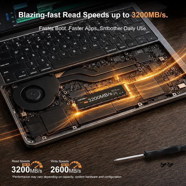 LUFASND 3200MB/s NVMe M.2 SSD installed inside laptop, blazing‑fast read speed for faster boot and app loading.