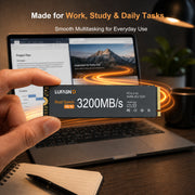 LUFASND NVMe M.2 SSD held in hand, ideal for work, study and daily multitasking on laptop computer.