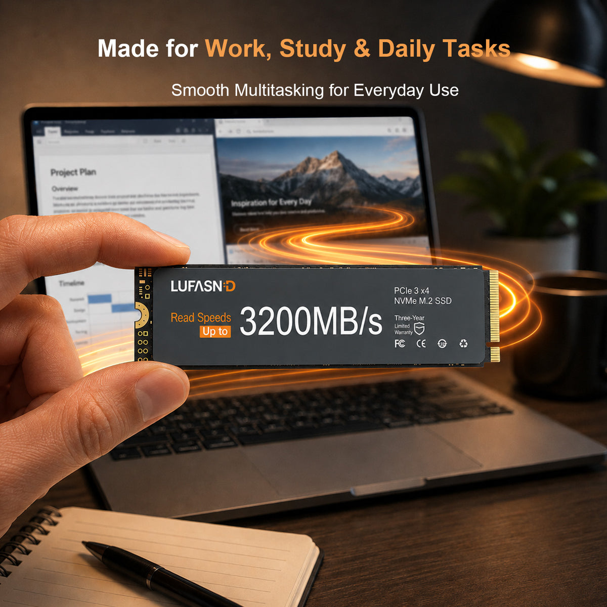 LUFASND NVMe M.2 SSD held in hand, ideal for work, study and daily multitasking on laptop computer.