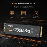 LUFASND 3200MB/s PCIe3 NVMe M.2 SSD, NAND chip, PCIe 3.0 interface, 5‑year reliable support for daily use.
