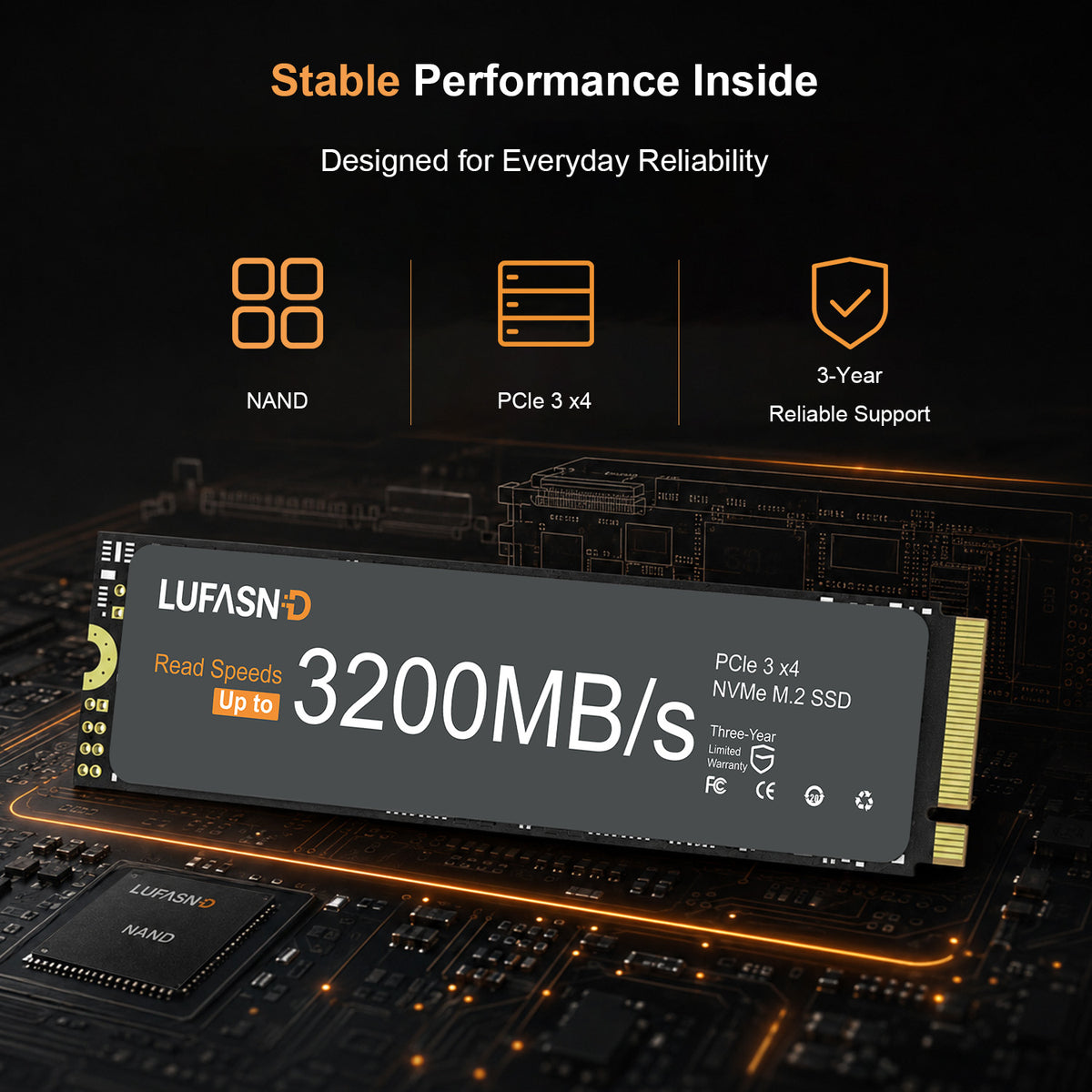 LUFASND 3200MB/s PCIe3 NVMe M.2 SSD, NAND chip, PCIe 3.0 interface, 5‑year reliable support for daily use.