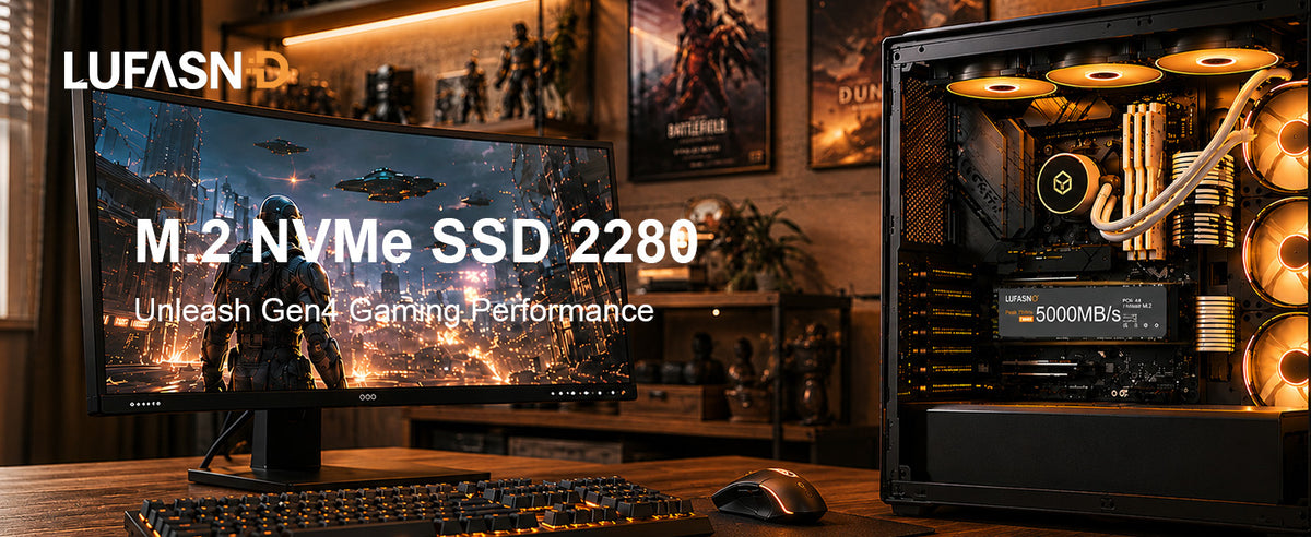 LUFASND M.2 NVMe 2280 SSD displayed inside an orange-lit desktop gaming PC.