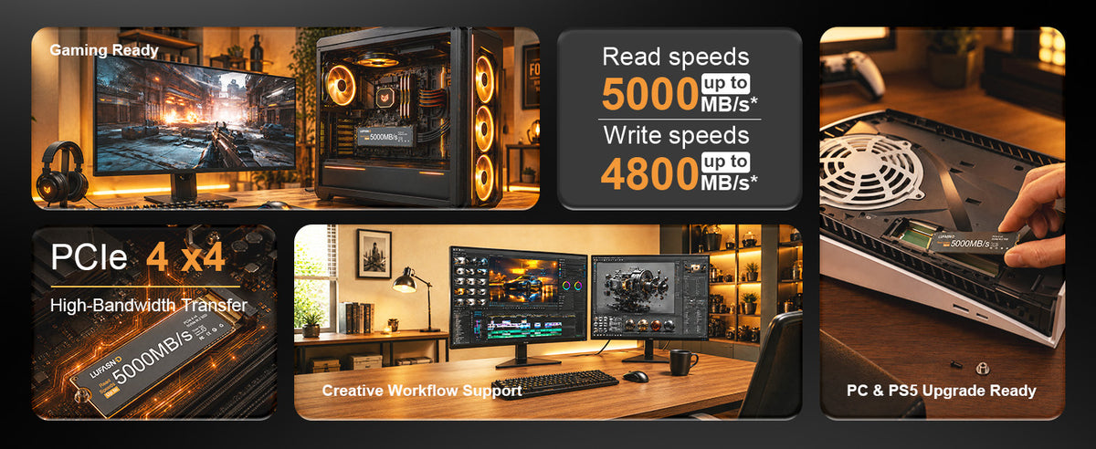 LUFASND PCIe 4.0 x4 SSD with read speeds up to 5000 MB/s and write speeds up to 4800 MB/s, shown with gaming and creative workstations.