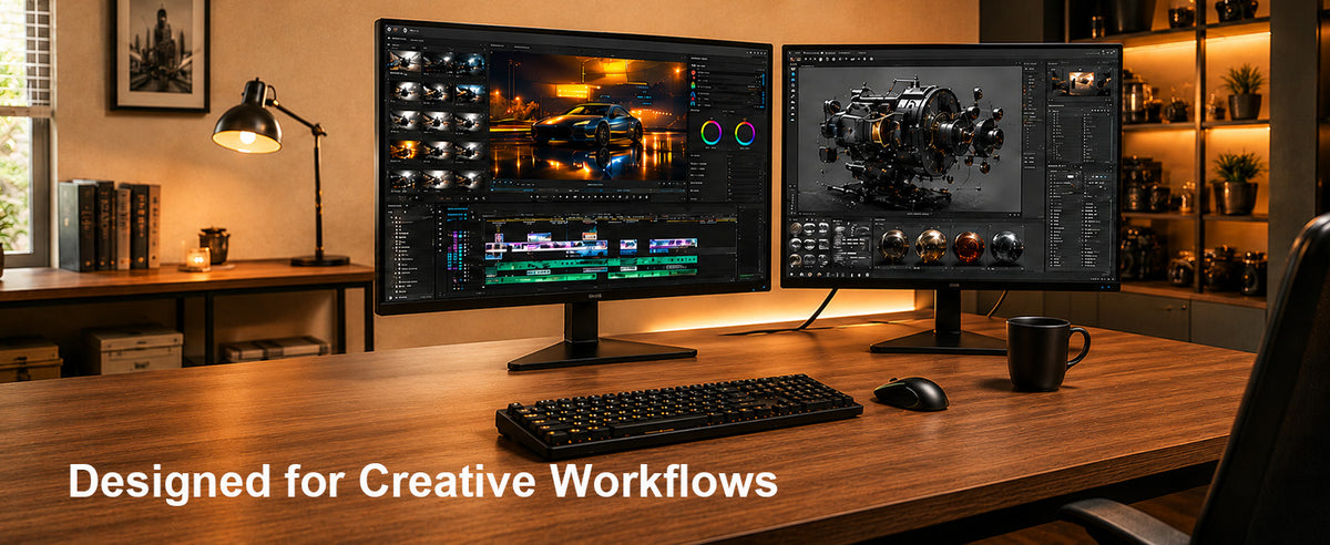 Dual-monitor workstation displaying video editing and 3D design projects, illustrating creative workflows with LUFASND SSD storage.