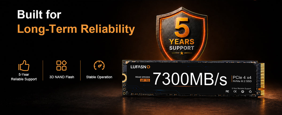 LUFASND SSD highlighting long-term reliability, read speeds up to 7300 MB/s and five years of support.