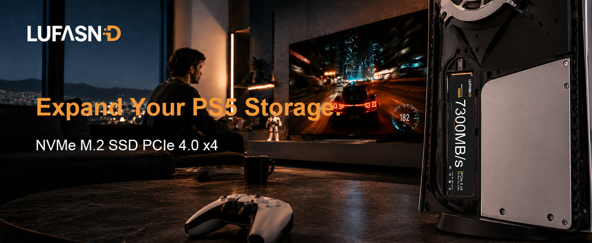 LUFASND PCIe 4.0 x4 NVMe M.2 SSD banner showing a PS5 and desktop gaming setup.