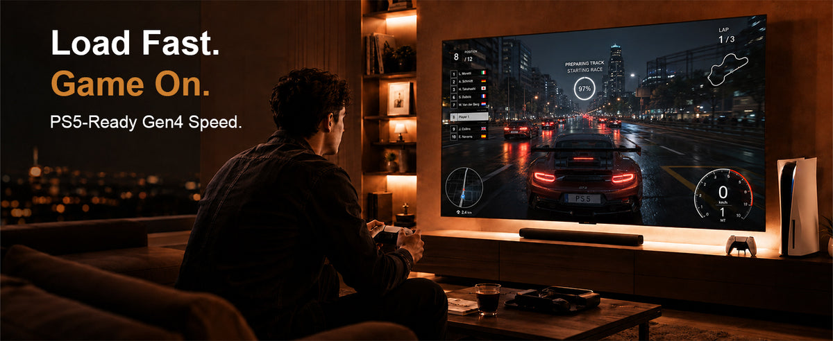 A gamer at a desktop PC with orange lighting, illustrating gaming with LUFASND SSD storage.