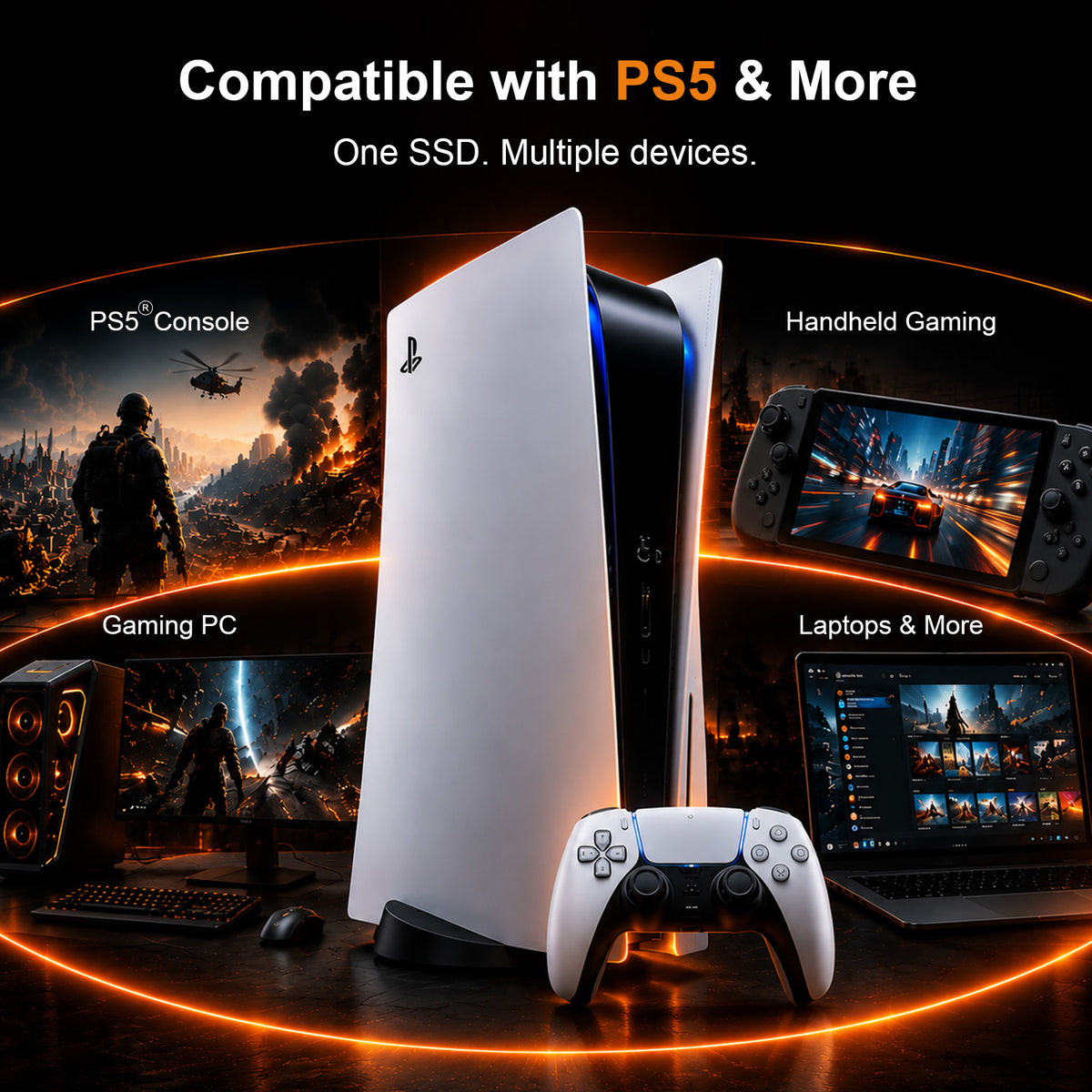 LUFASND Gen4 NVMe SSD multi‑device compatibility, works for PS5, gaming PC, handheld game console and laptops.