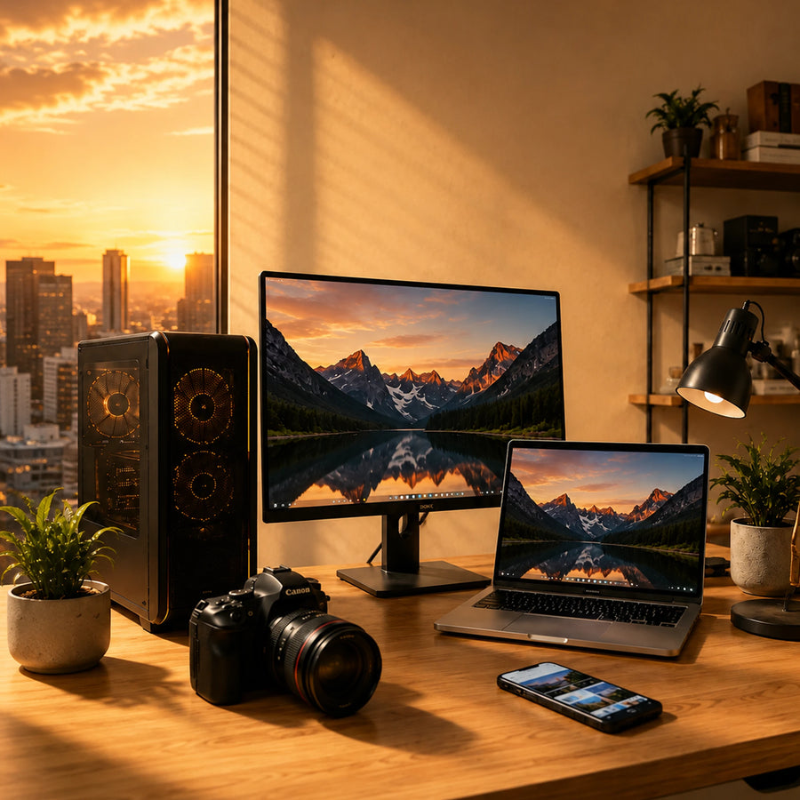 LUFASND storage for everyday devices, desktop PC, laptop, camera and smartphone storage solution scene.