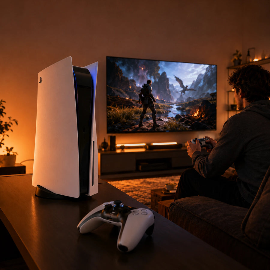 LUFASND high‑speed storage upgrade for PS5 console, home gaming scene with game console and controller.