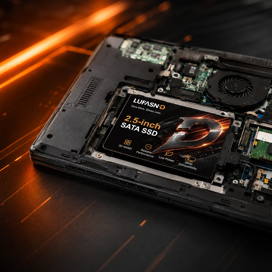 LUFASND M.2 NVMe SSD installed inside laptop motherboard, notebook performance upgrade hardware scene.