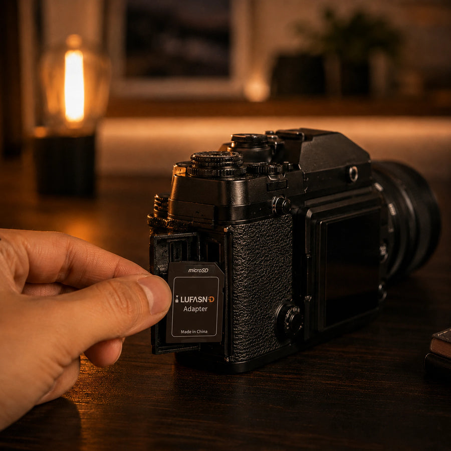 LUFASND memory card inserted into camera, photo and video media storage for content creators and photographers.