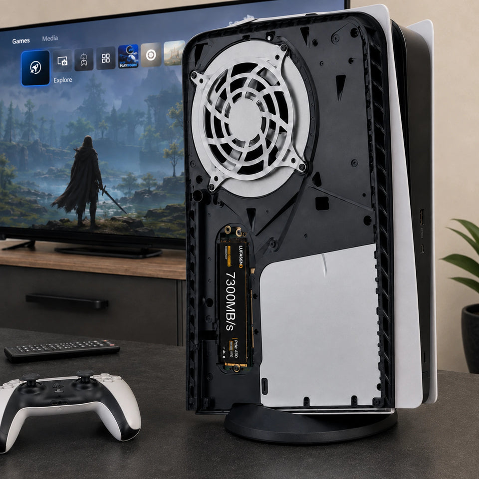 LUFASND Gen4 NVMe SSD installed inside PS5 game console, gaming storage upgrade for console gamer.