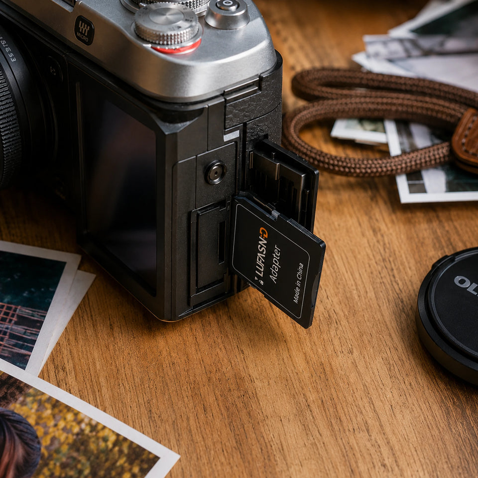 LUFASND memory card photo video storage scene, camera and memory card for photographer media file backup.