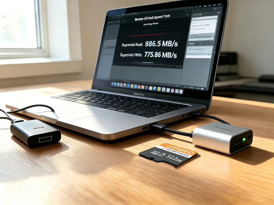 LUFASND 512GB microSD card shown with a laptop computer on a desk