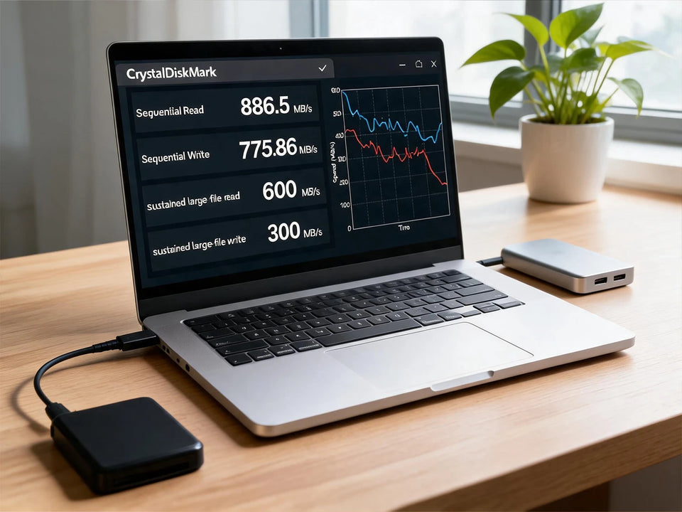 LUFASND 512GB microSD card displayed on a desk beside a laptop and accessories