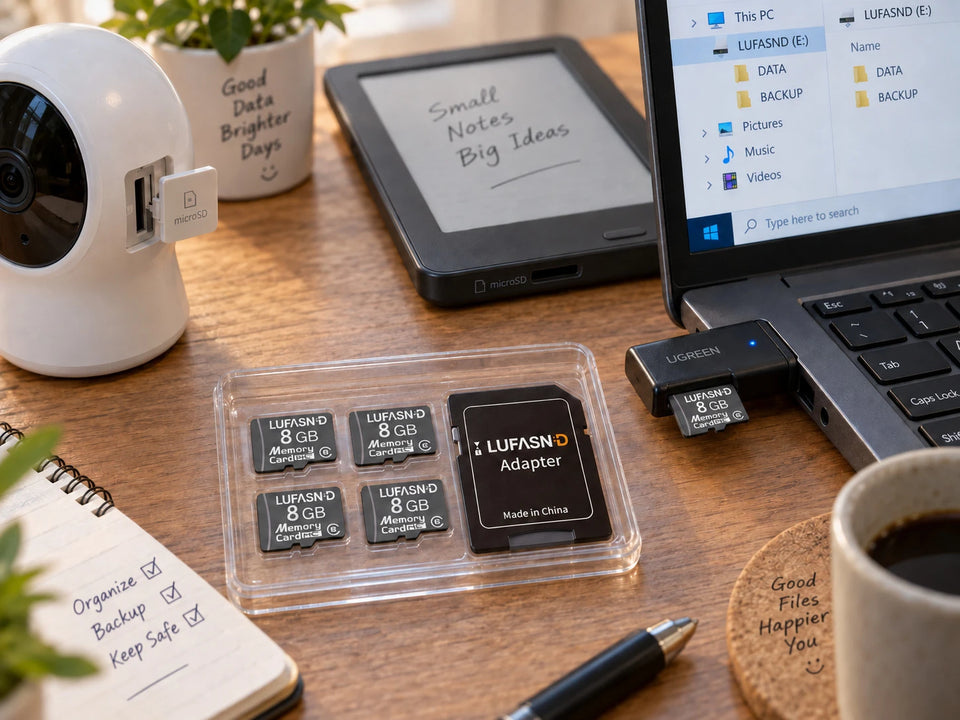 LUFASND microSD card and adapter displayed beside a laptop and camera accessories