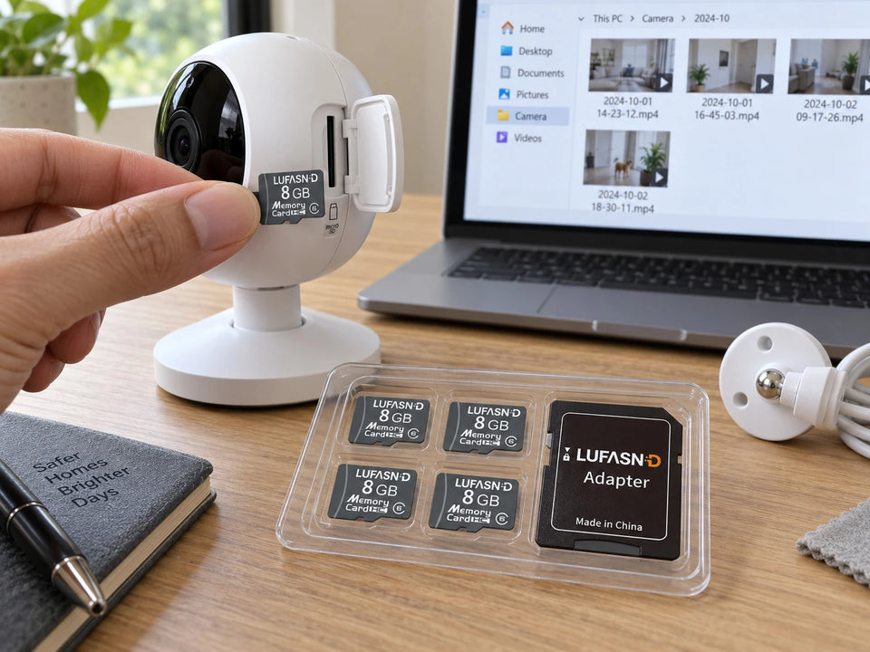 Hand inserting a LUFASND microSD card into a camera beside a laptop