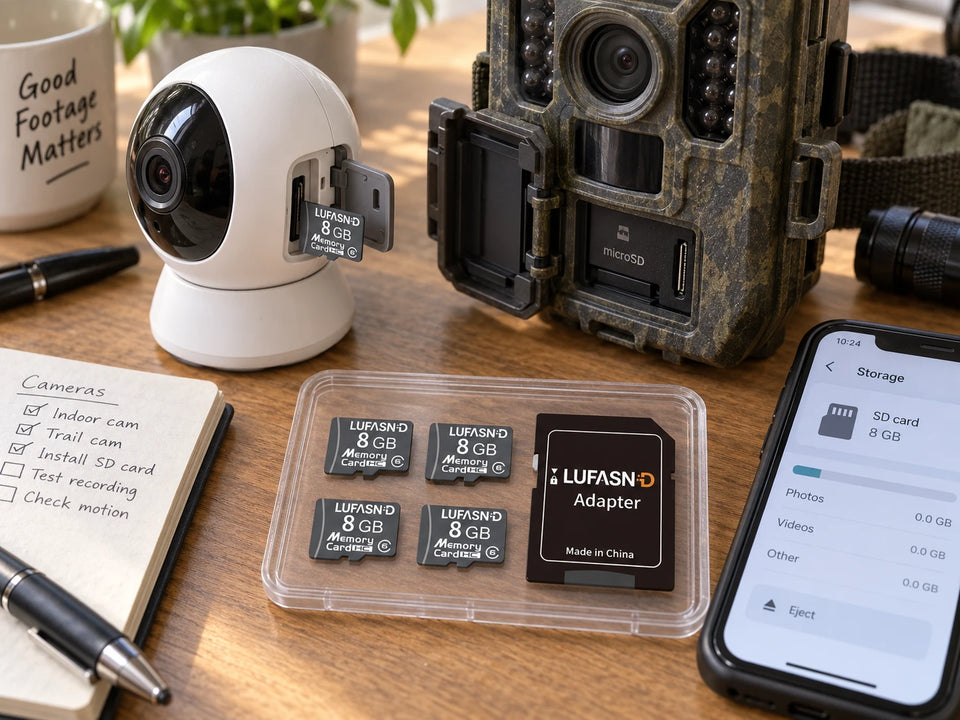LUFASND microSD card and adapter displayed beside a camera, smartphone, and accessories