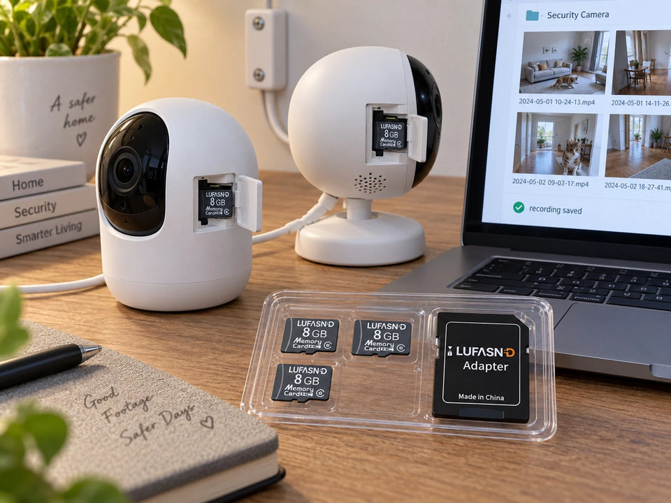 LUFASND 8GB microSD cards installed in indoor security cameras beside a laptop