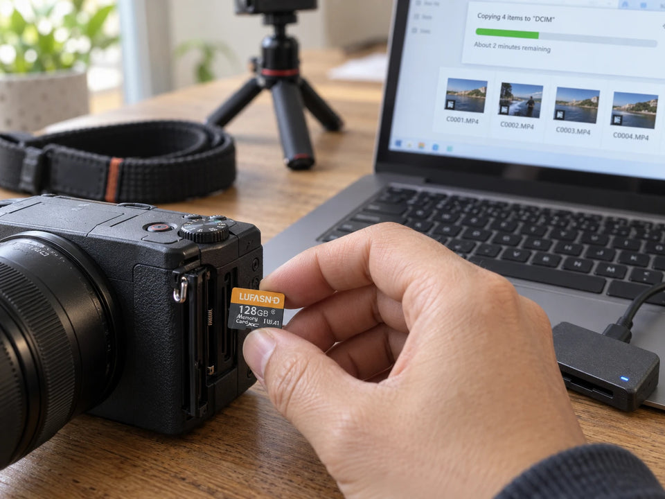 LUFASND 128GB microSD card being transferred between devices