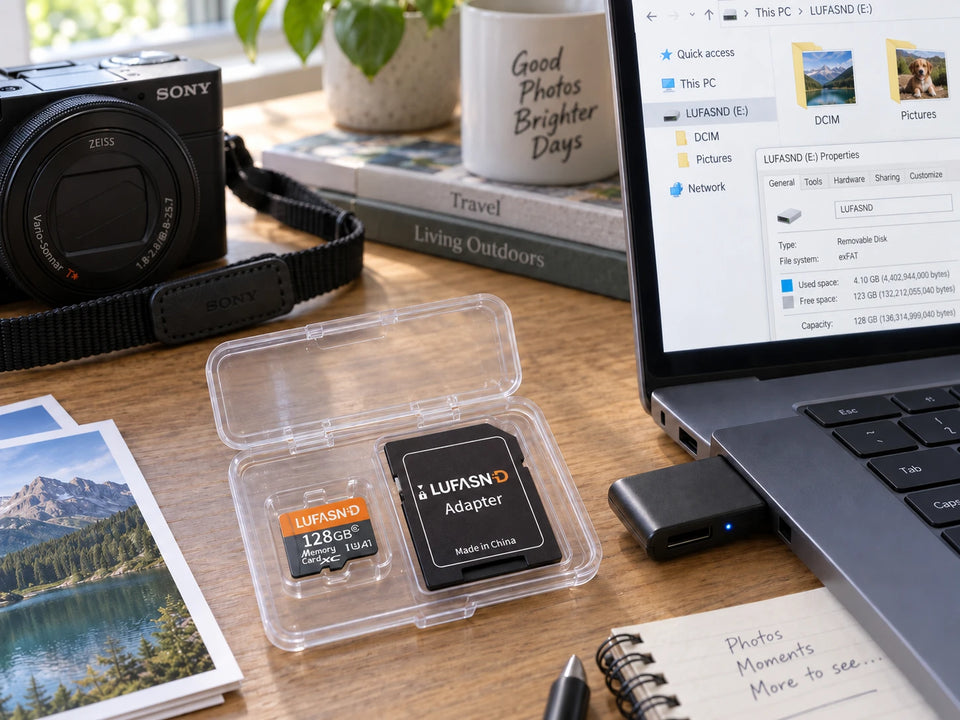LUFASND 128GB microSD card and adapter displayed beside a camera and laptop during a photo storage transfer