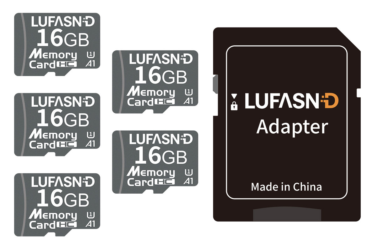 Five LUFASND 16GB memory cards with one SD adapter on a white background.