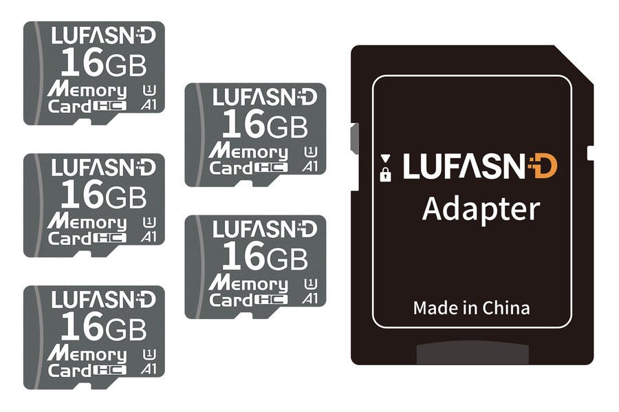 Five LUFASND 16GB memory cards with one SD adapter on a white background.