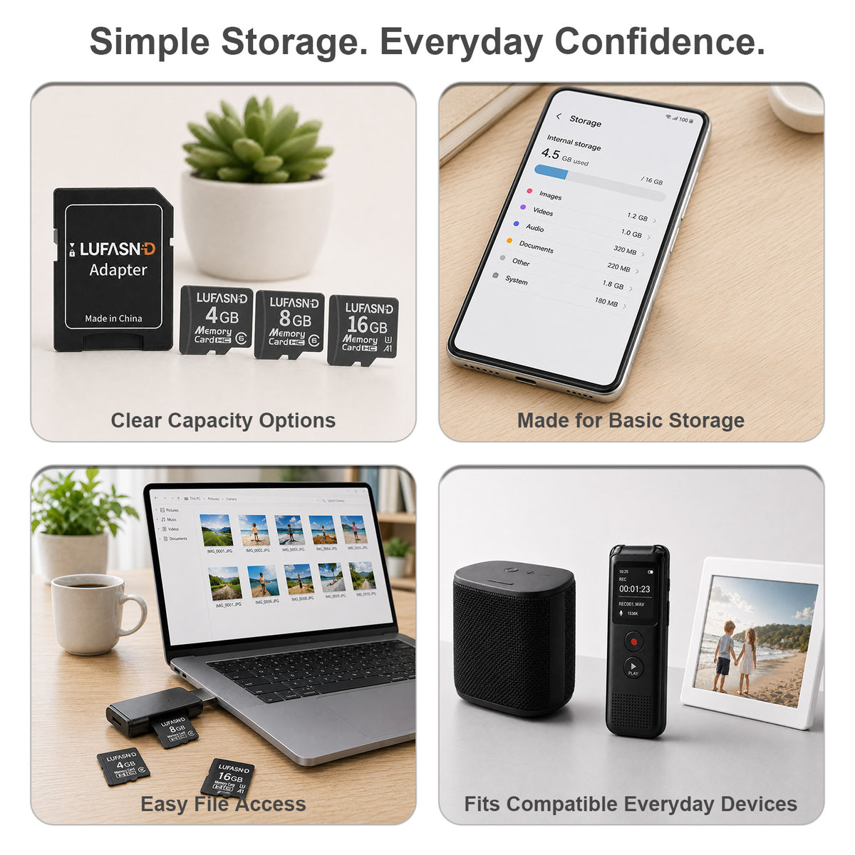 LUFASND memory cards for everyday storage, showing capacity options, file access and use with compatible devices.