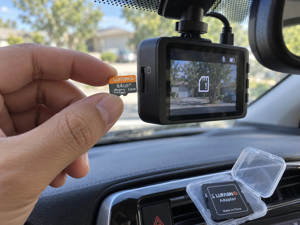 LUFASND 64GB microSD card being installed in a dash cam