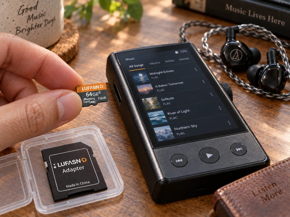 LUFASND 64GB microSD card inserted into a portable music player with an SD card adapter nearby
