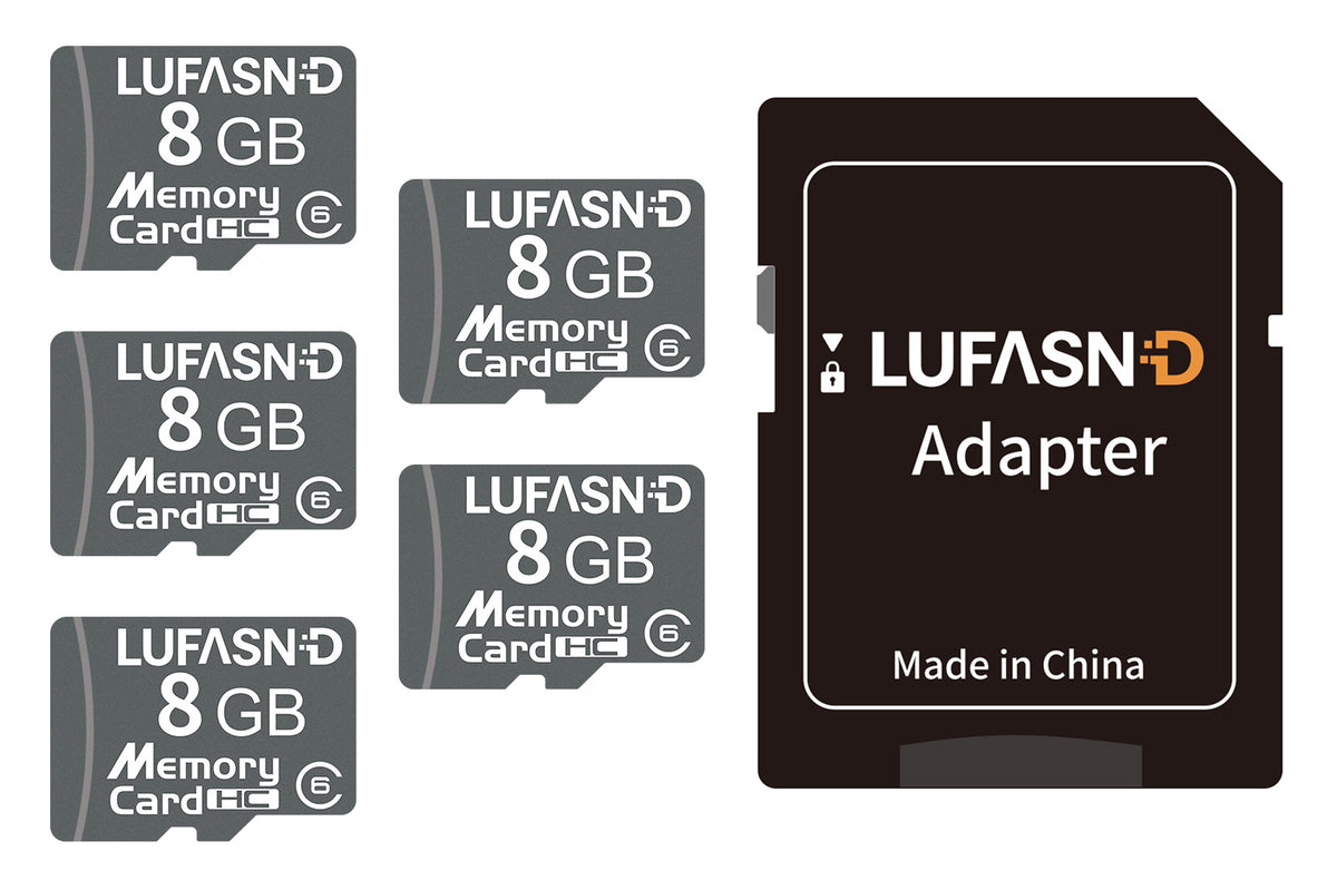 Five LUFASND 8GB memory cards with one SD adapter on a white background.