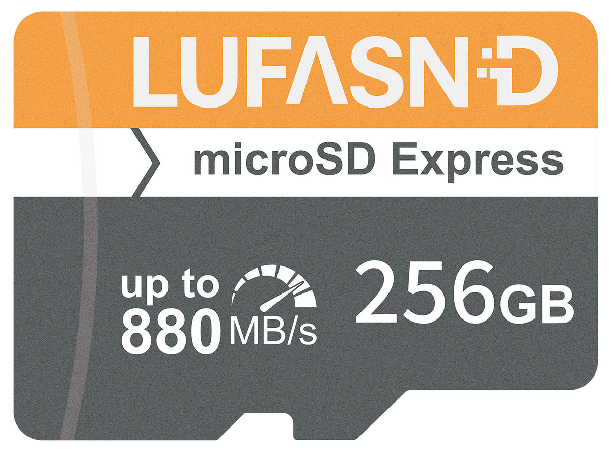 LUFASND 256GB microSD Express memory card with an orange and gray label showing speeds up to 880 MB/s.