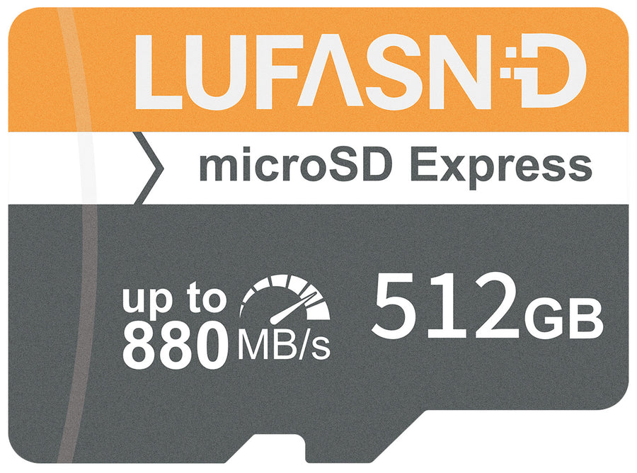 LUFASND 512GB microSD Express memory card with an orange and gray label showing speeds up to 880 MB/s.