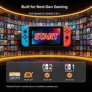 LUFASND microSD Express gaming banner with a handheld console, game library imagery and a Switch compatibility comparison.