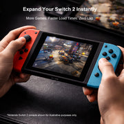 Hands holding a gaming console, illustrating game storage expansion with a LUFASND 512GB microSD Express card.