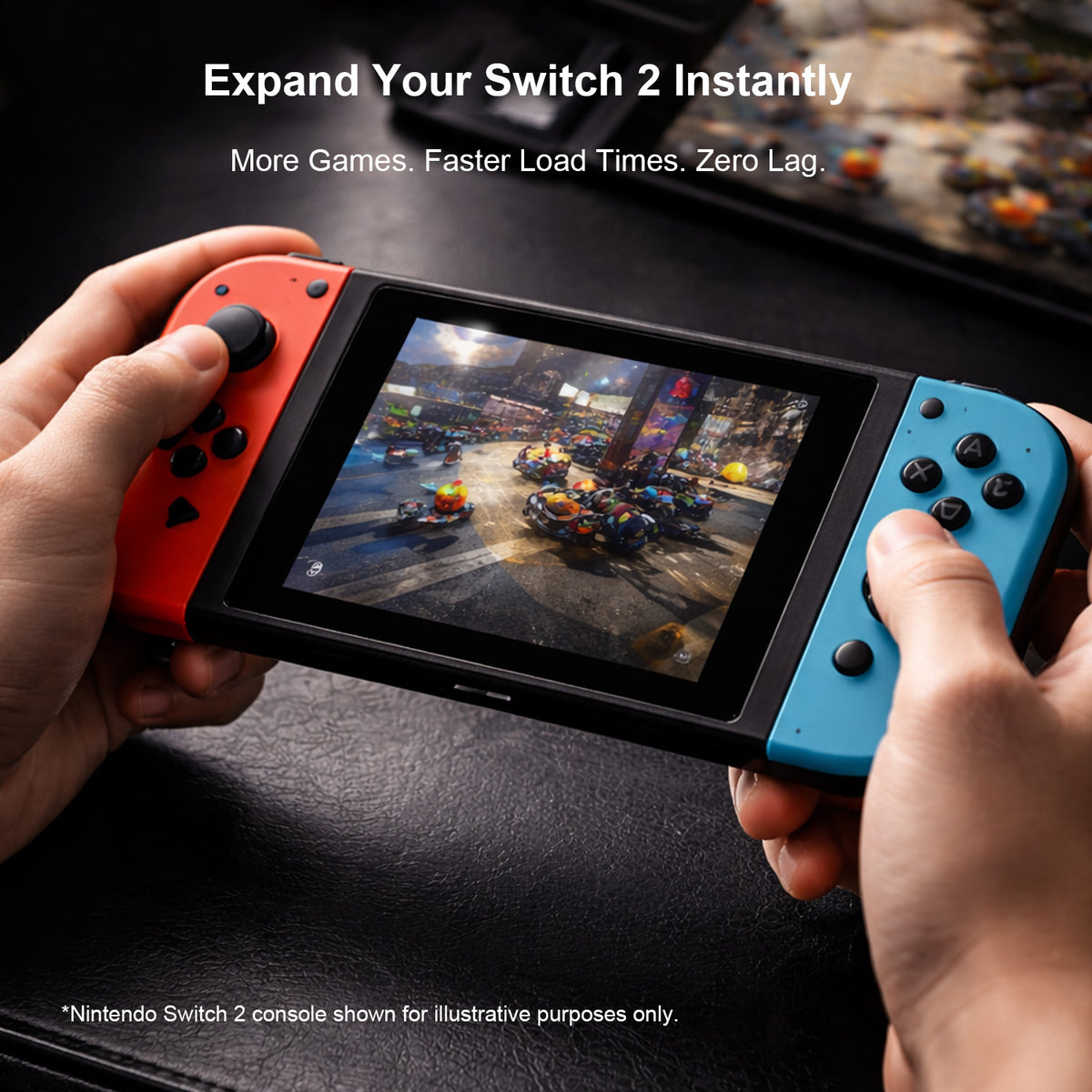 Hands holding a gaming console, illustrating game storage expansion with a LUFASND 512GB microSD Express card.