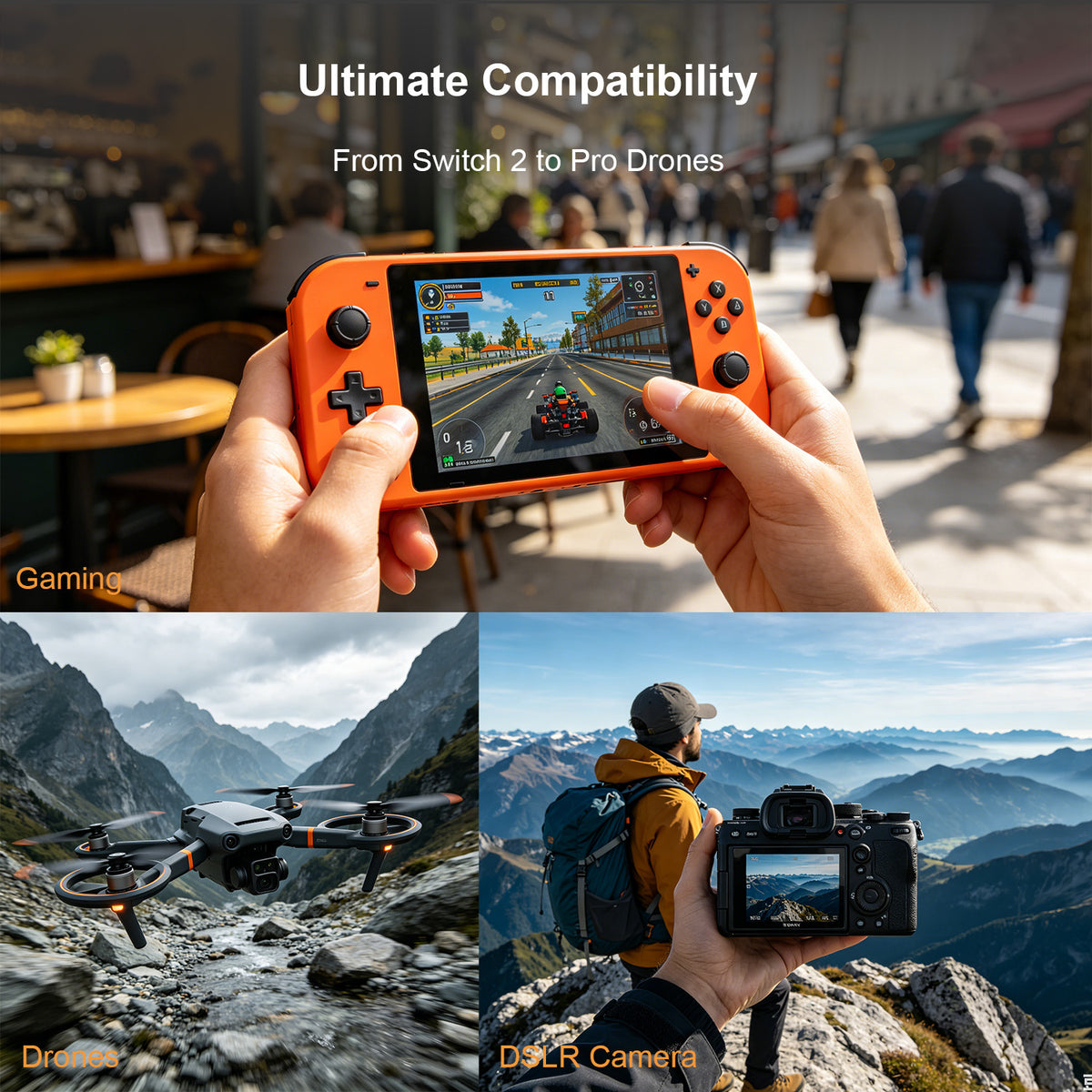 Handheld gaming, drone and outdoor photography scenes illustrating potential memory card uses with compatible devices.