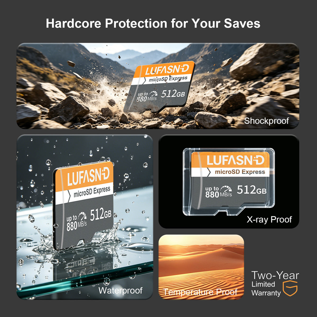LUFASND 512GB microSD Express card protection features: shock, water, X-ray and temperature resistance, plus a two-year limited warranty.
