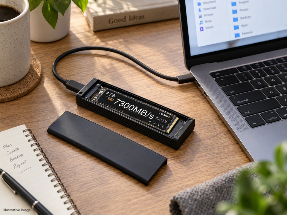 Illustrative scene of a LUFASND 4TB NVMe SSD in an open USB enclosure connected to a laptop.